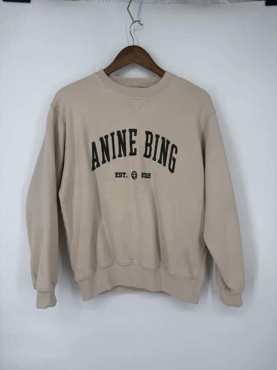 Anine Bing Tops - Anine Bing Size Small Beige Cream Logo Crewneck Sweatshirt Green Embroidery
